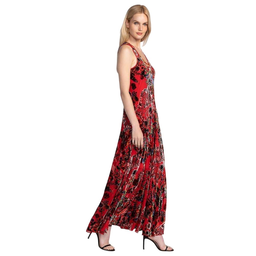 Johnny Was BIAS Bobcat Forest Floral Maxi Silk Blend Red DRESS Size XS - Picture 4 of 6